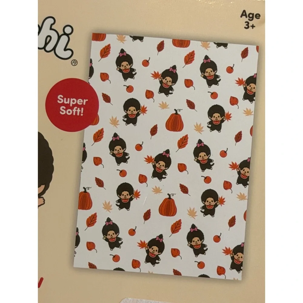 Monchhichi Soft Plush Throw Blanket Autumn Fall Leaves Pumpkins 50x70 New